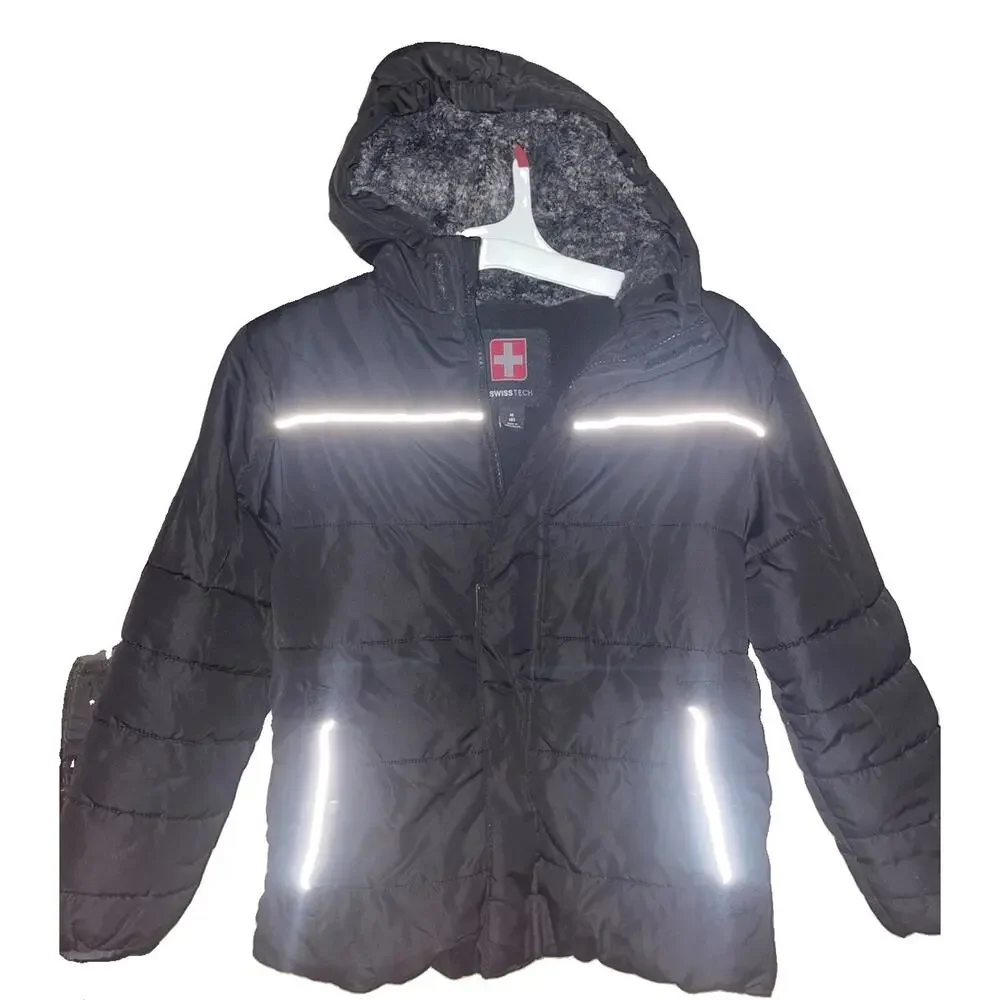 SWISS TECH Kids Puffer Jacket Boys Zip Up Hoodie Pockets Black Sz 8 B001